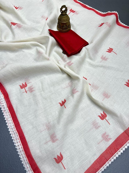 White Linen Saree with Red Tulip Print and Lace Border