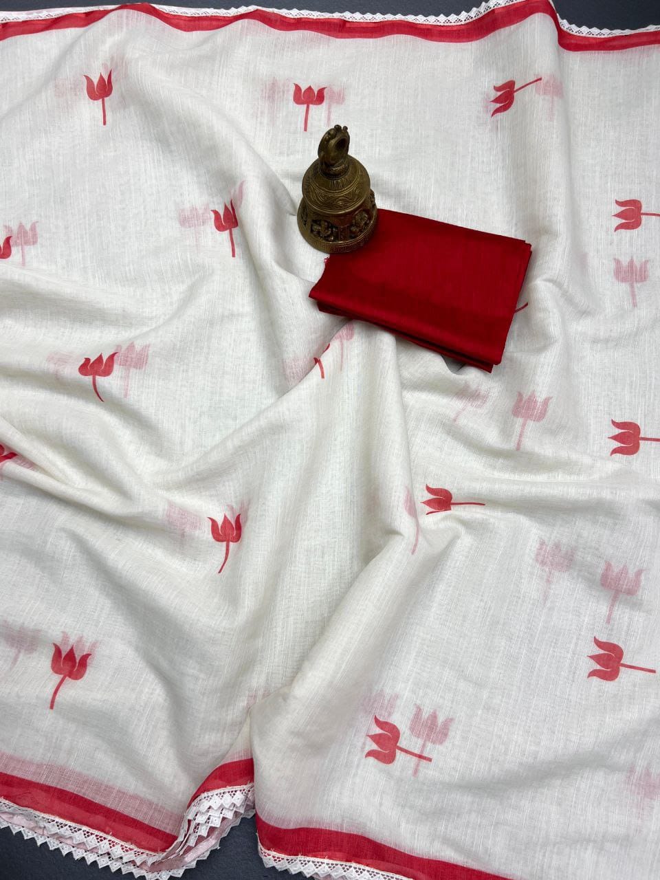 White Linen Saree with Red Tulip Print and Lace Border