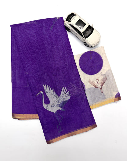 Deep Purple Linen Saree with White Crane Print