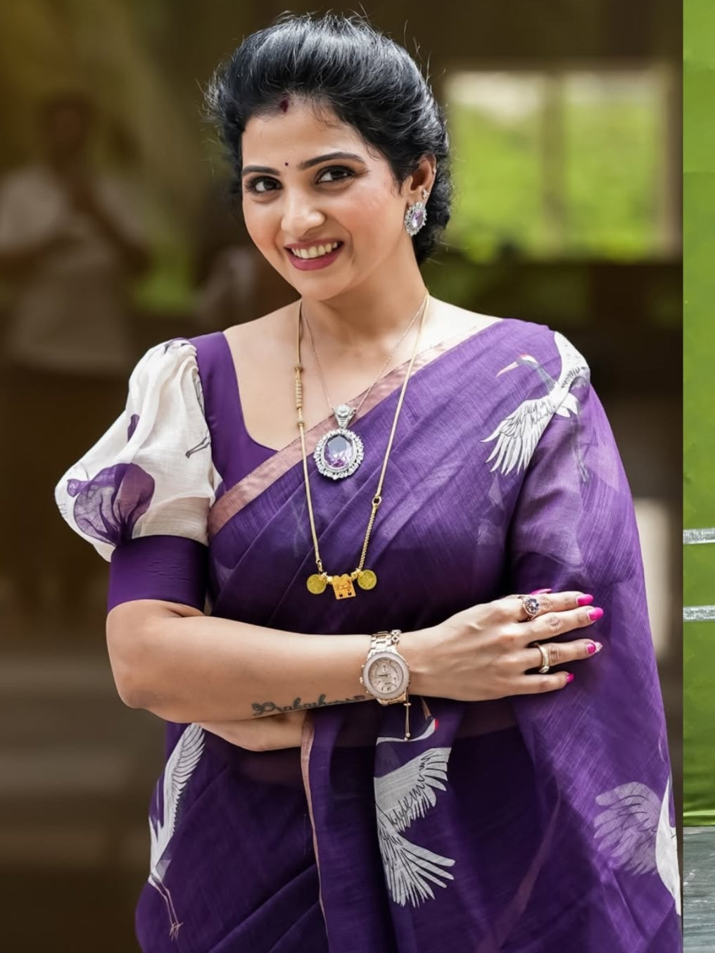 Deep Purple Linen Saree with White Crane Print