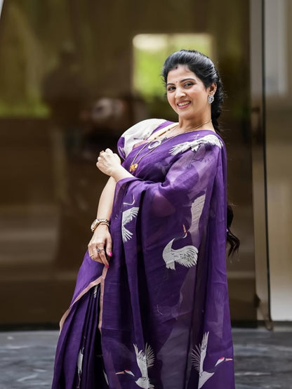 Deep Purple Linen Saree with White Crane Print