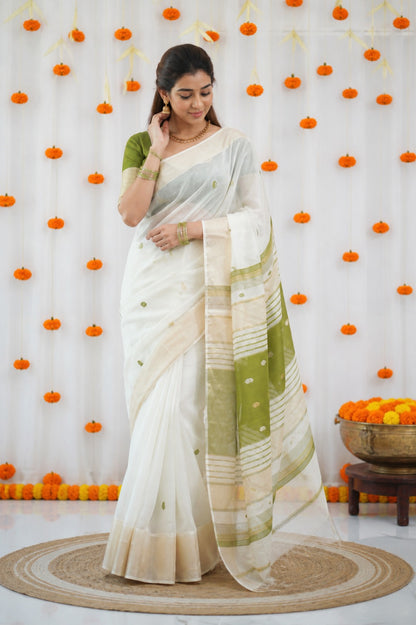 White and Green Linen Saree with Gold Zari Border