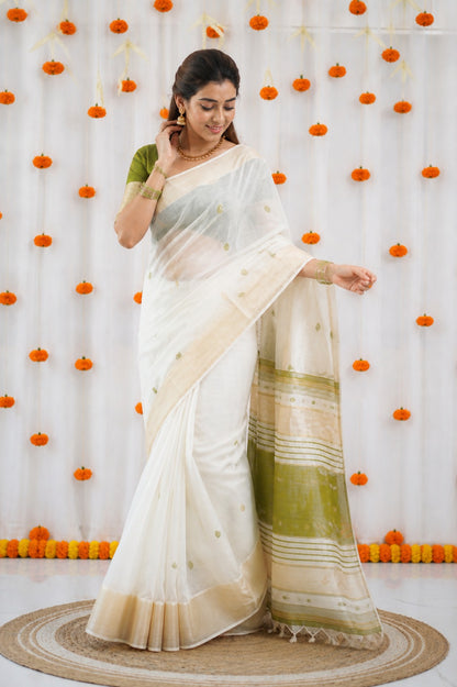 White and Green Linen Saree with Gold Zari Border