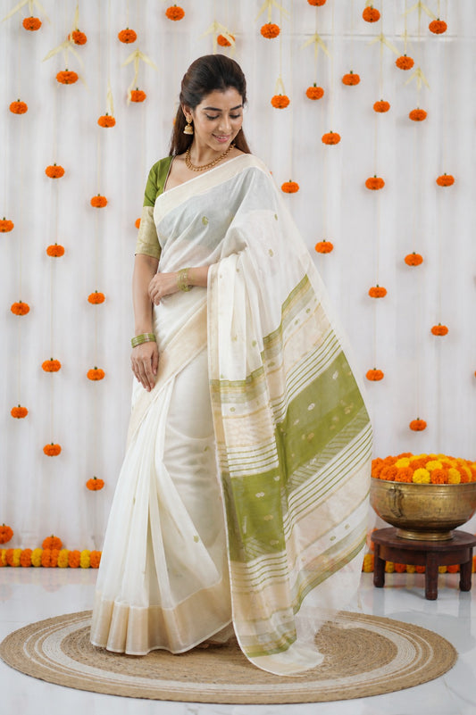White and Green Linen Saree with Gold Zari Border