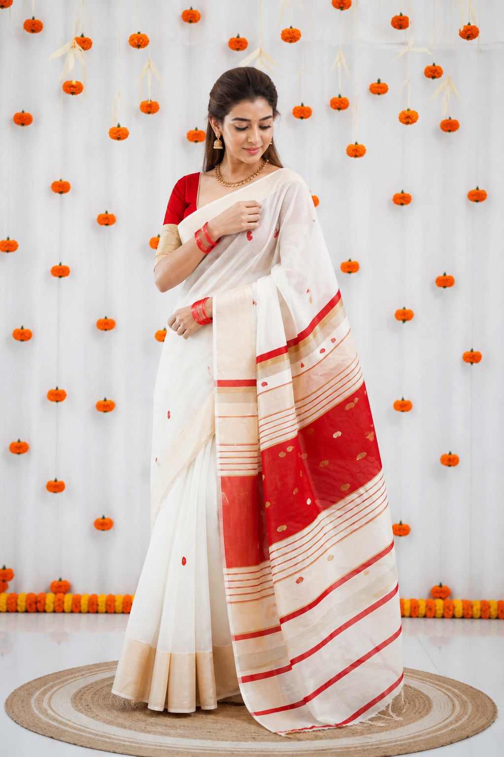 White and Red Linen Saree with Gold Zari Border