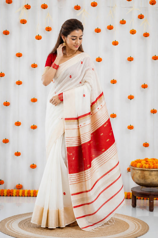 White and Red Linen Saree with Gold Zari Border