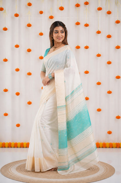 Off-White and Teal Linen Saree with Gold Zari Border