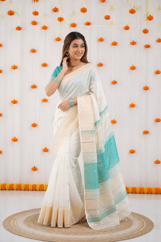 Off-White and Teal Linen Saree with Gold Zari Border