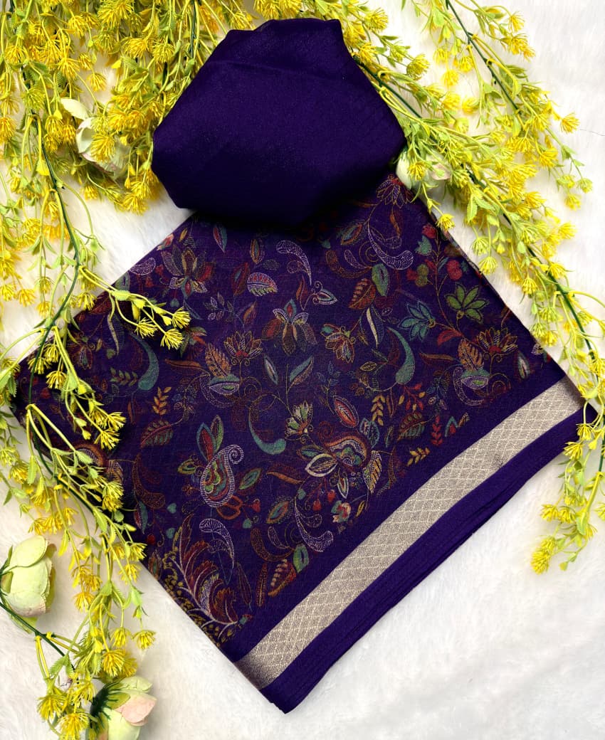 Deep Purple Floral Paisley Printed Saree with Zari Border