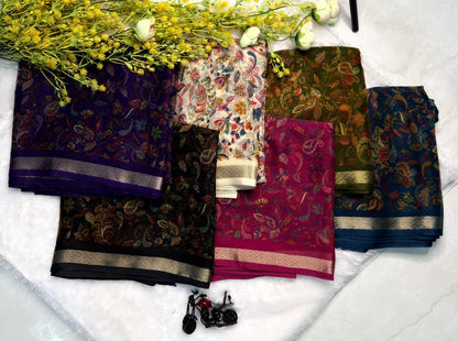 Deep Purple Floral Paisley Printed Saree with Zari Border