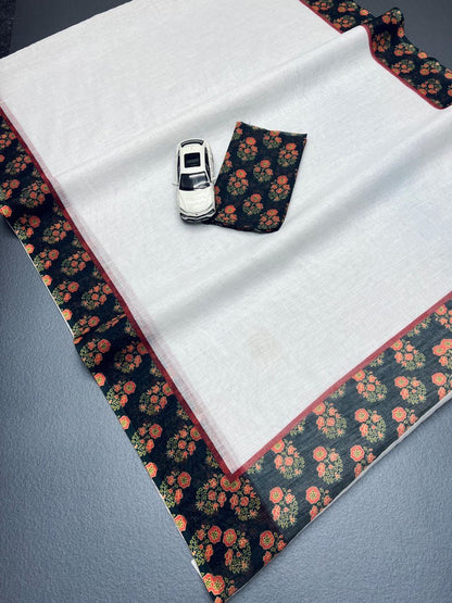 Off White Linen Saree with Black Floral Printed Blouse & Border