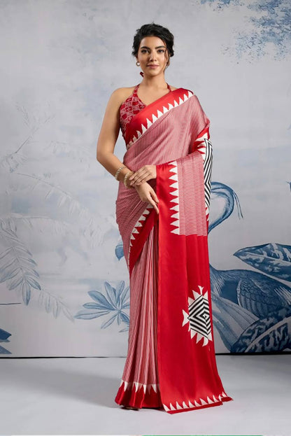 Elegant Red Geometric Printed Saree with Striped Pattern & Designer Border – Stylish Party & Casual Wear Saree