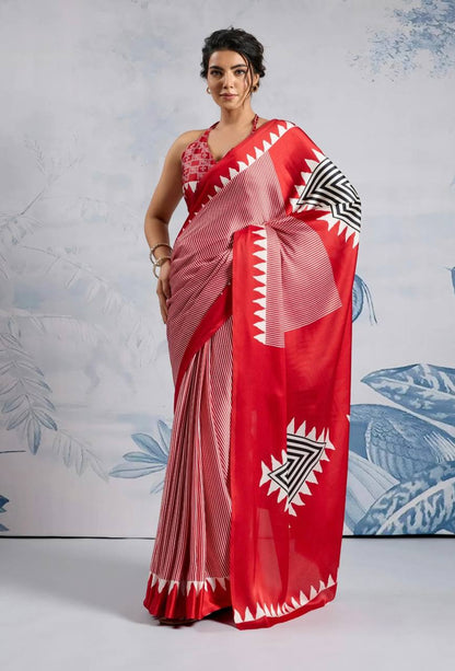 Elegant Red Geometric Printed Saree with Striped Pattern & Designer Border – Stylish Party & Casual Wear Saree
