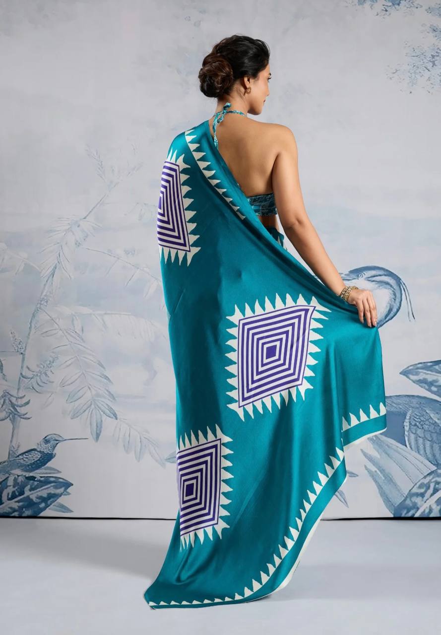 Stylish Teal Geometric Printed Saree with Striped Design & Designer Border – Modern Party & Casual Wear Saree