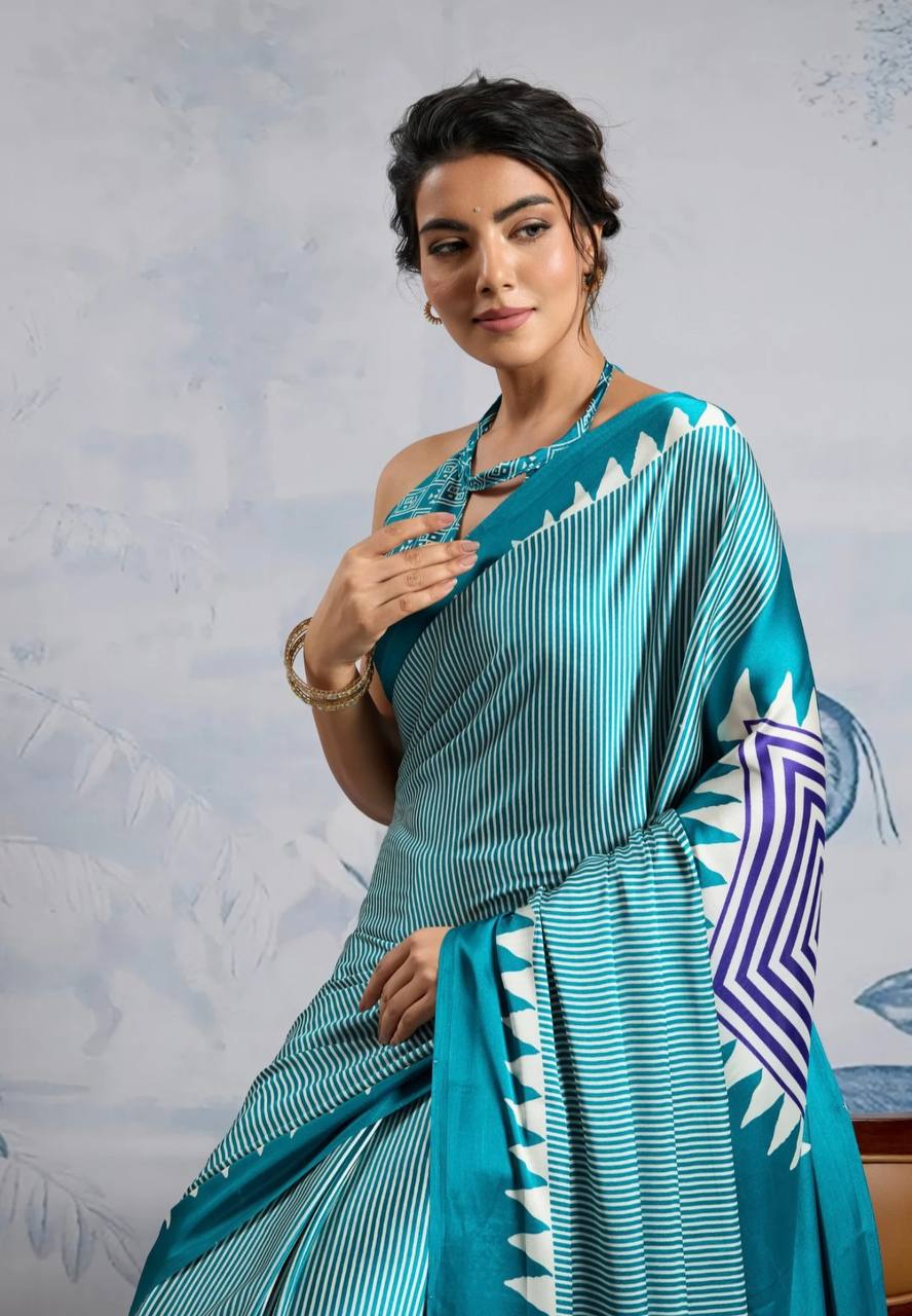 Stylish Teal Geometric Printed Saree with Striped Design & Designer Border – Modern Party & Casual Wear Saree