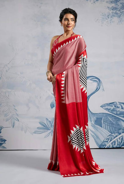Elegant Red Geometric Printed Saree with Striped Pattern & Designer Border – Stylish Party & Casual Wear Saree