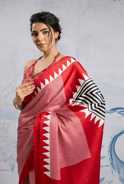 Elegant Red Geometric Printed Saree with Striped Pattern & Designer Border – Stylish Party & Casual Wear Saree