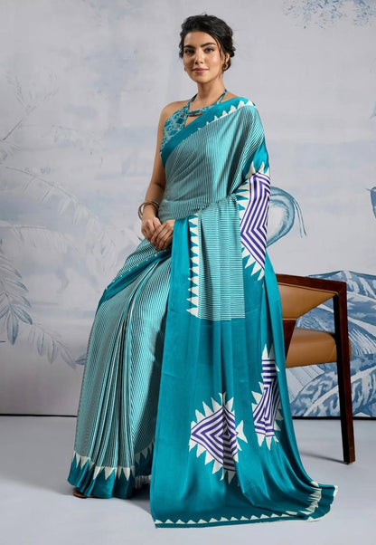 Stylish Teal Geometric Printed Saree with Striped Design & Designer Border – Modern Party & Casual Wear Saree