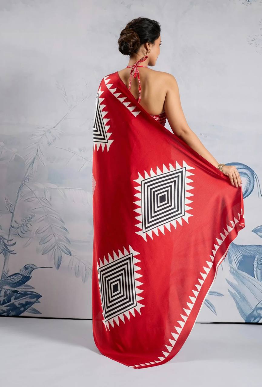 Elegant Red Geometric Printed Saree with Striped Pattern & Designer Border – Stylish Party & Casual Wear Saree