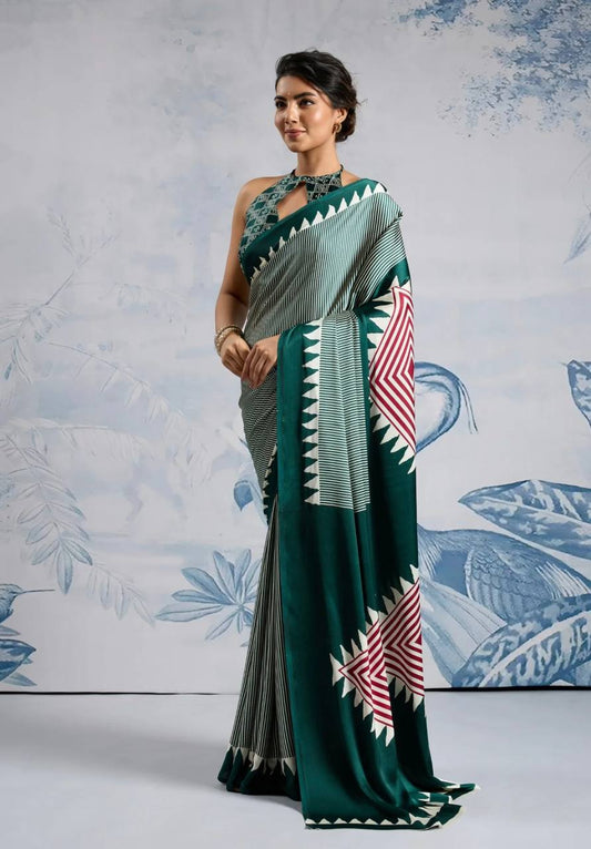 Elegant Dark Green Geometric Printed Saree with Striped Design & Designer Border – Modern Party & Office Wear Saree