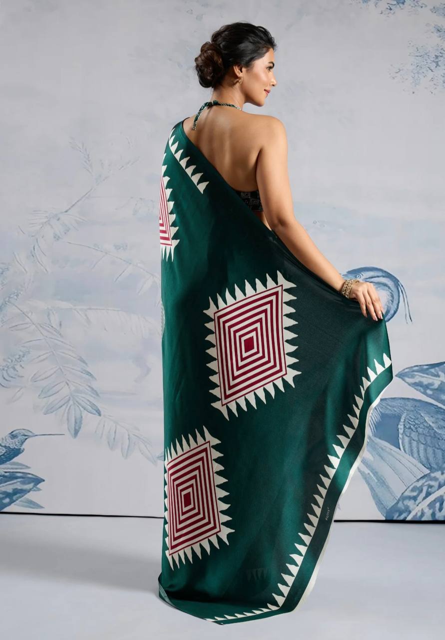 Elegant Dark Green Geometric Printed Saree with Striped Design & Designer Border – Modern Party & Office Wear Saree