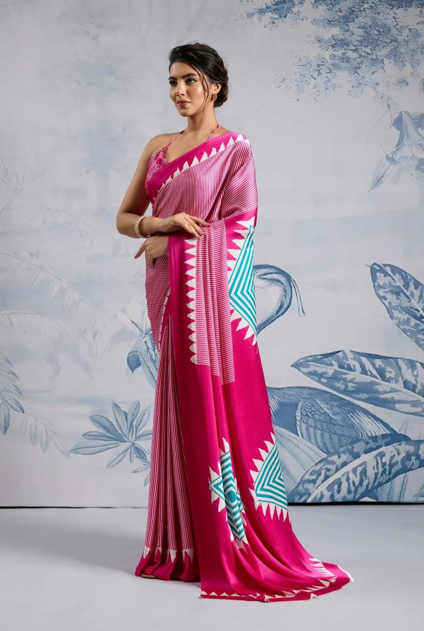 Stylish Pink Geometric Printed Saree with Striped Pattern & Designer Border – Trendy Party & Casual Wear Saree