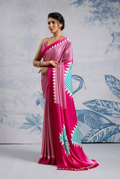 Stylish Pink Geometric Printed Saree with Striped Pattern & Designer Border – Trendy Party & Casual Wear Saree