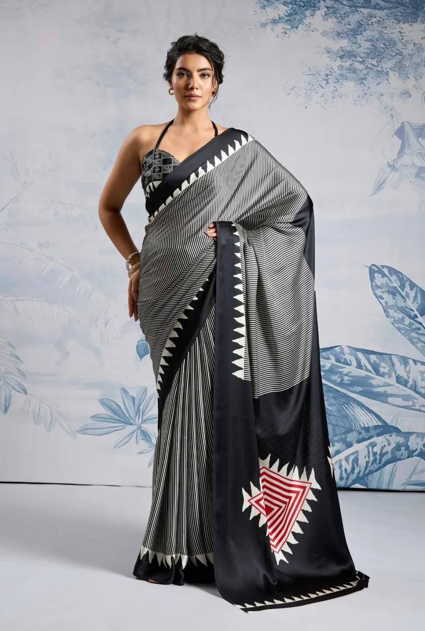 Classic Black Geometric Printed Saree with Striped Design & Designer Border – Elegant Party & Office Wear Saree