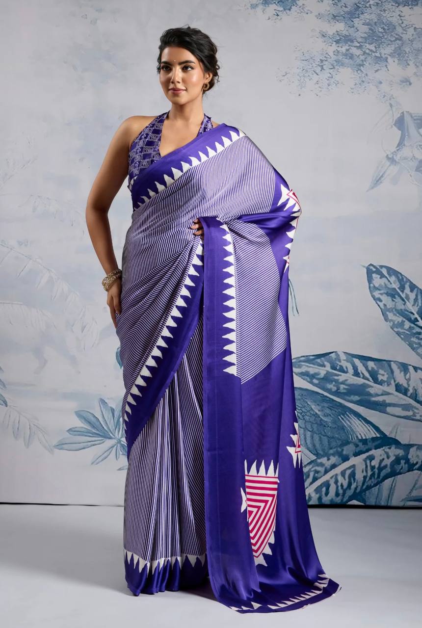 Elegant Purple Geometric Printed Saree with Striped Pattern & Designer Border – Stylish Party & Office Wear Saree