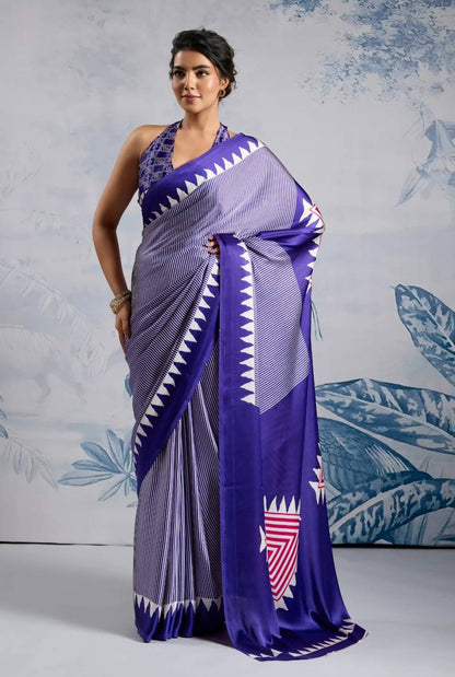 Elegant Purple Geometric Printed Saree with Striped Pattern & Designer Border – Stylish Party & Office Wear Saree