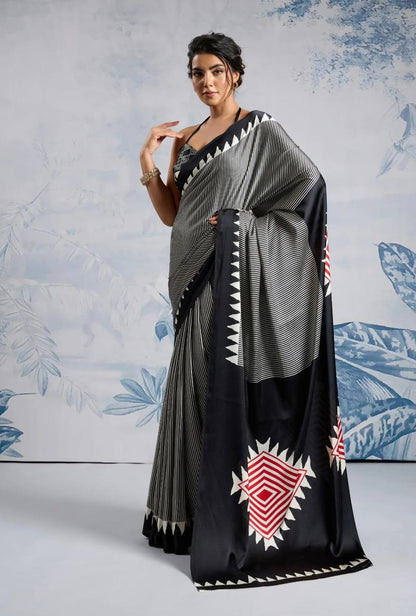 Classic Black Geometric Printed Saree with Striped Design & Designer Border – Elegant Party & Office Wear Saree