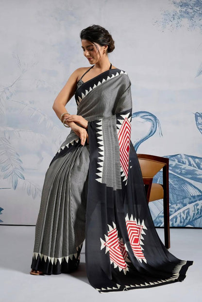 Classic Black Geometric Printed Saree with Striped Design & Designer Border – Elegant Party & Office Wear Saree