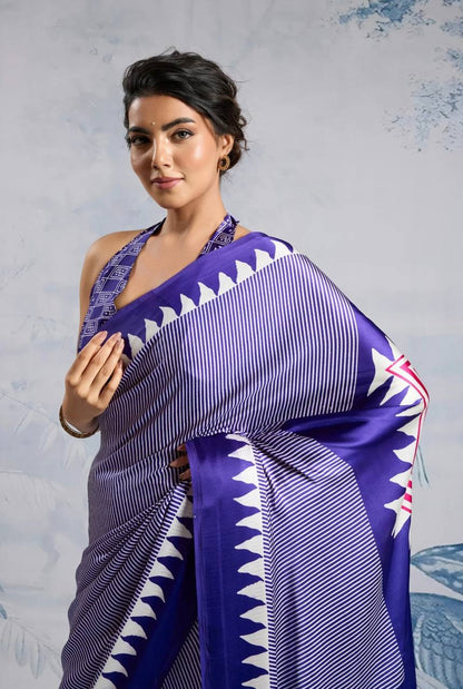 Elegant Purple Geometric Printed Saree with Striped Pattern & Designer Border – Stylish Party & Office Wear Saree