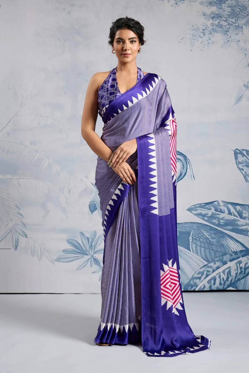 Elegant Purple Geometric Printed Saree with Striped Pattern & Designer Border – Stylish Party & Office Wear Saree