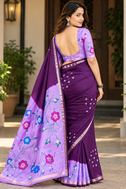 Elegant Purple Floral Printed Saree with Contrast Lavender Pallu