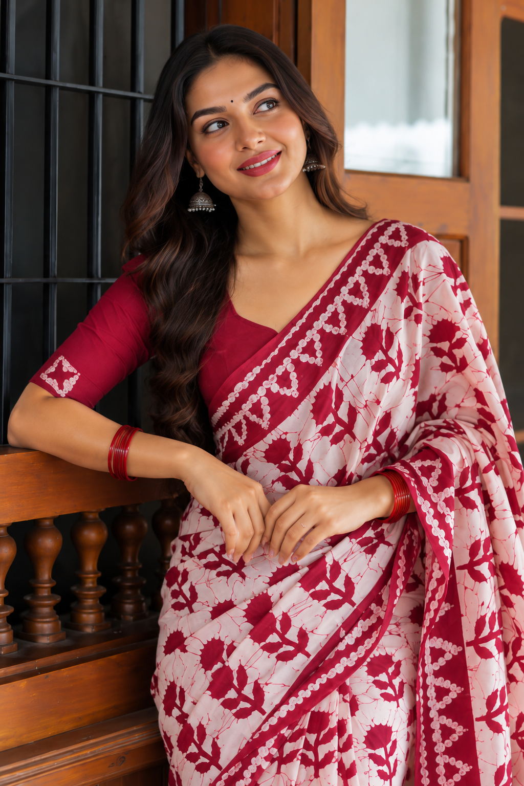 Crimson Floral Batik Saree with Solid Blouse