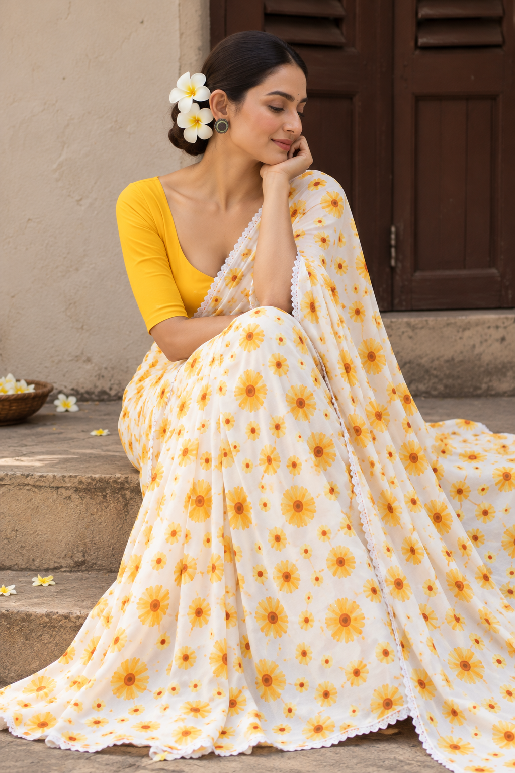 White and Yellow Linen Saree with Sunflower Print and Lace Border