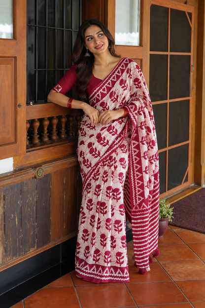 Crimson Floral Batik Saree with Solid Blouse