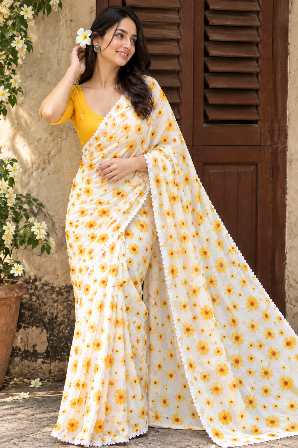 White and Yellow Linen Saree with Sunflower Print and Lace Border