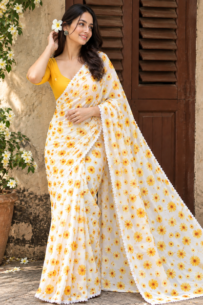 White and Yellow Linen Saree with Sunflower Print and Lace Border