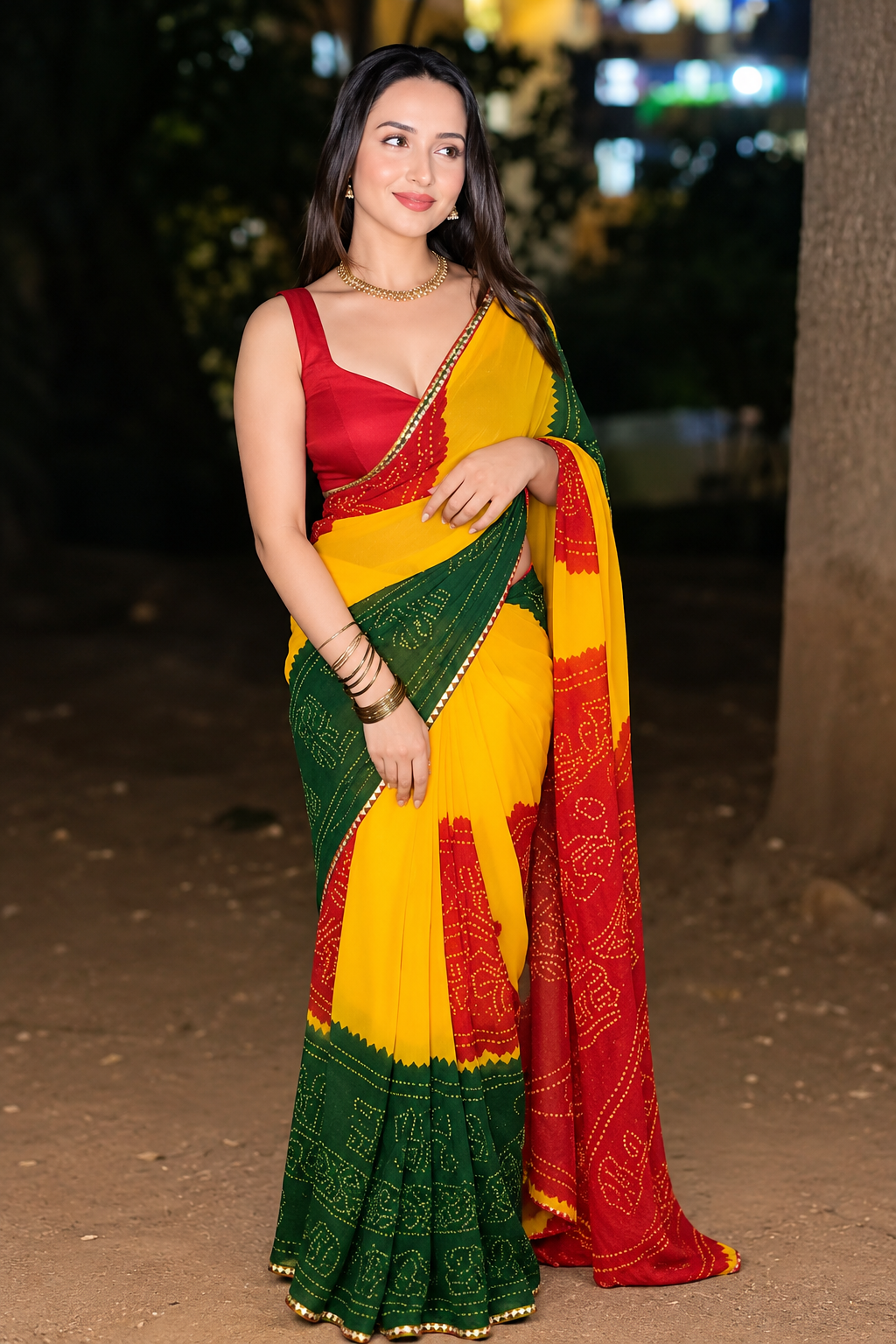 Vibrant Yellow, Red & Green Bandhani Printed Saree for Women