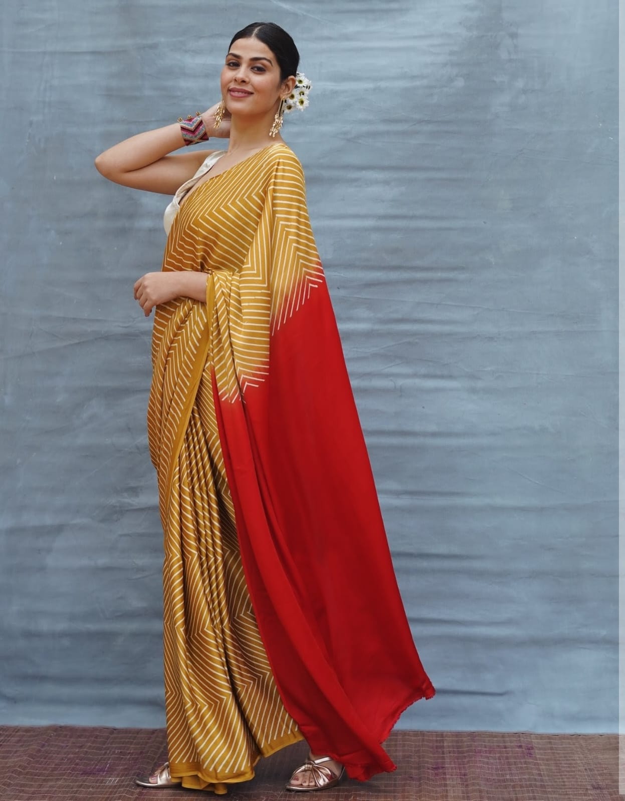 Mustard & Red Ombre Designer Saree with Geometric Stripes – Elegant Party & Festive Wear Saree for Women