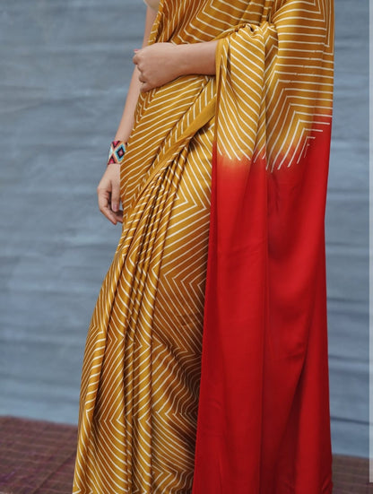 Mustard & Red Ombre Designer Saree with Geometric Stripes – Elegant Party & Festive Wear Saree for Women