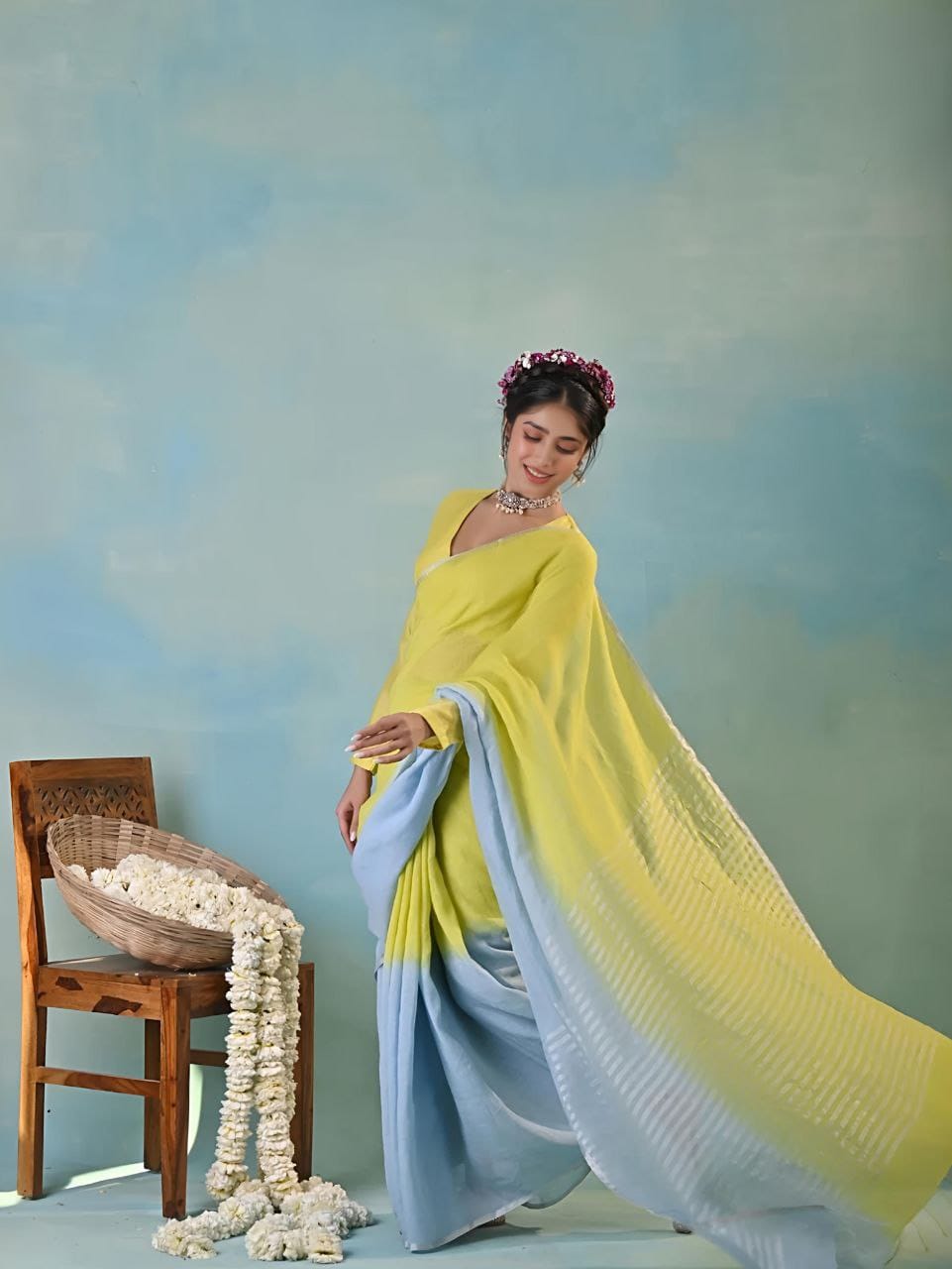 Lime Yellow & Sky Blue Linen Saree with Dual Tone Contrast