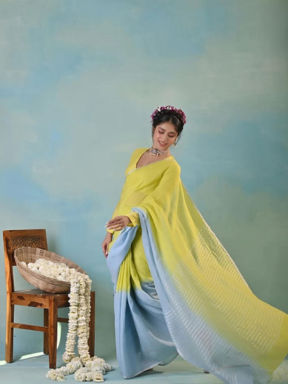 Lime Yellow & Sky Blue Linen Saree with Dual Tone Contrast