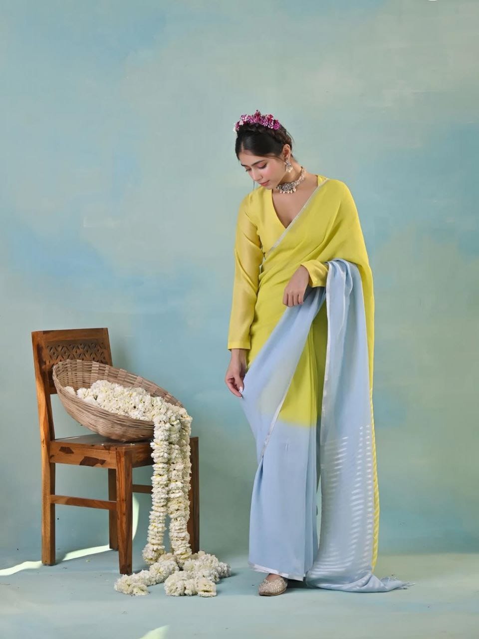 Lime Yellow & Sky Blue Linen Saree with Dual Tone Contrast