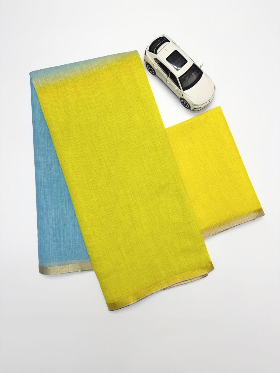 Lime Yellow & Sky Blue Linen Saree with Dual Tone Contrast