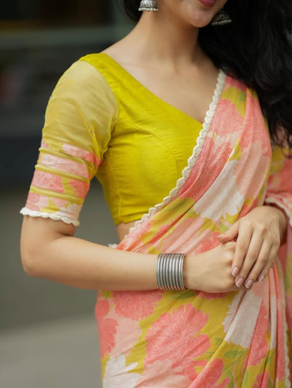 Peach Yellow Floral Linen Saree with Soft Pastel Print