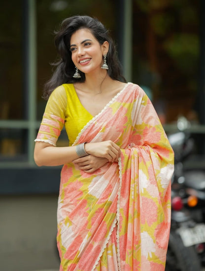 Peach Yellow Floral Linen Saree with Soft Pastel Print