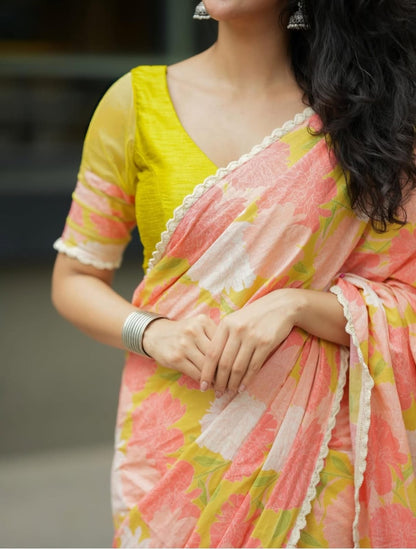Peach Yellow Floral Linen Saree with Soft Pastel Print